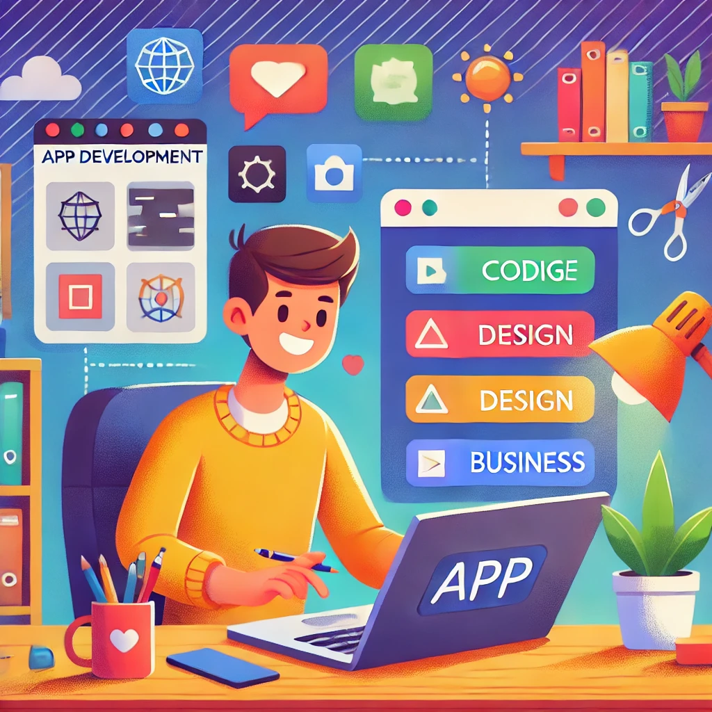DALL·E 2024-12-02 19.06.14 - A vibrant illustration of a beginner-friendly app development platform. A cheerful freelancer creating an app using a drag-and-drop interface on a lap