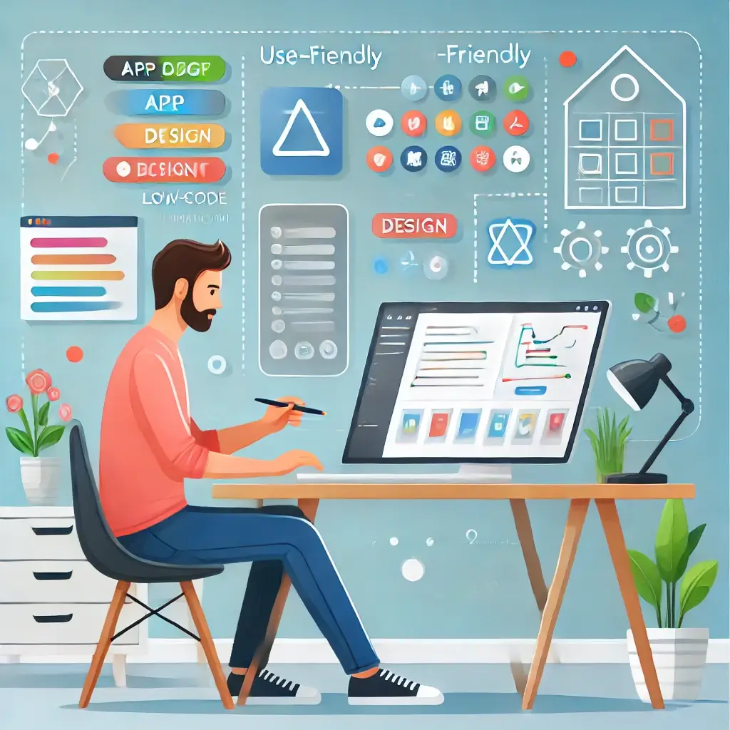An engaging illustration of a user-friendly low-code development platform. A freelancer sitting in a modern workspace, creating an app with colorful 