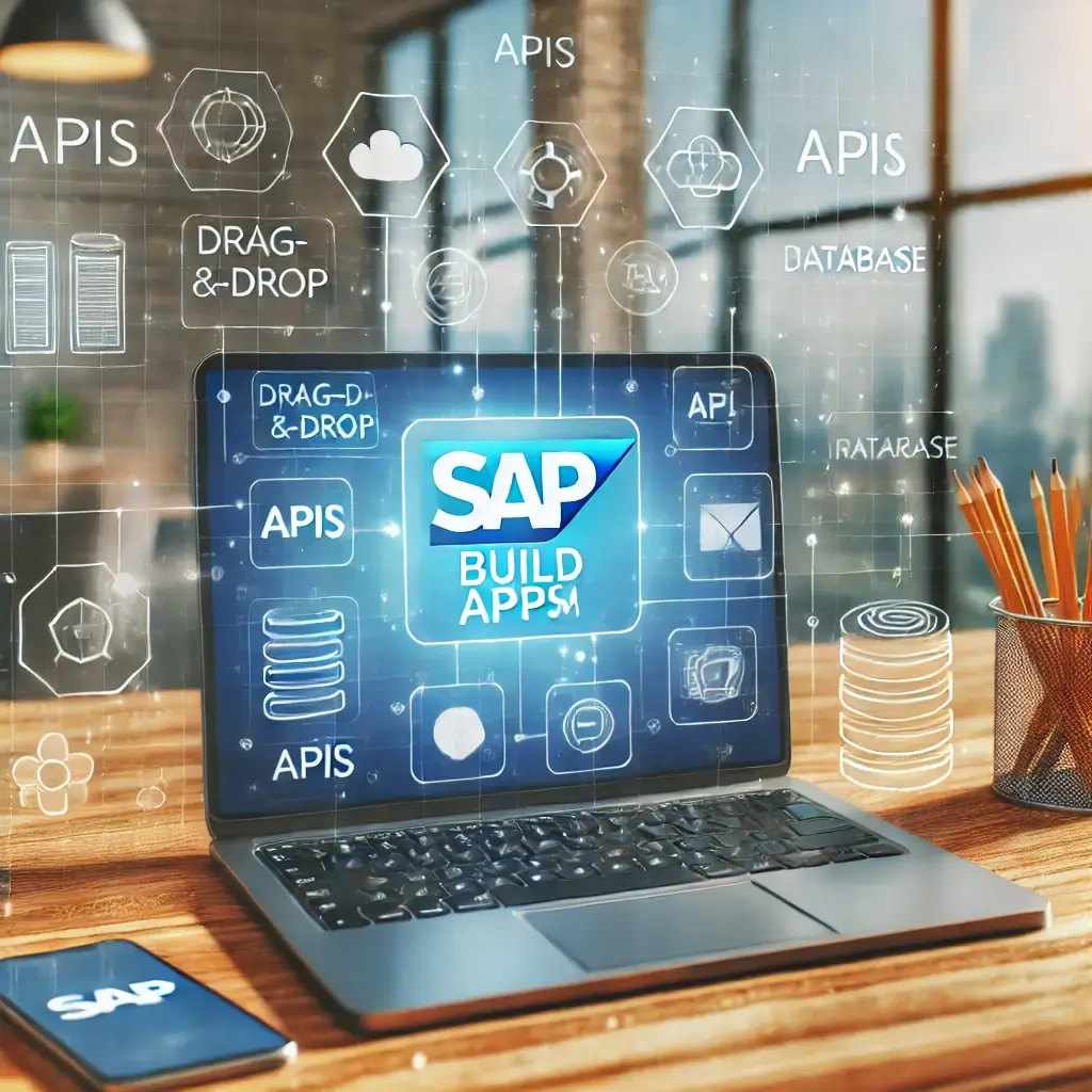A visually appealing illustration of SAP Build Apps platform. The image includes a laptop screen showing a drag-and-drop app development interface