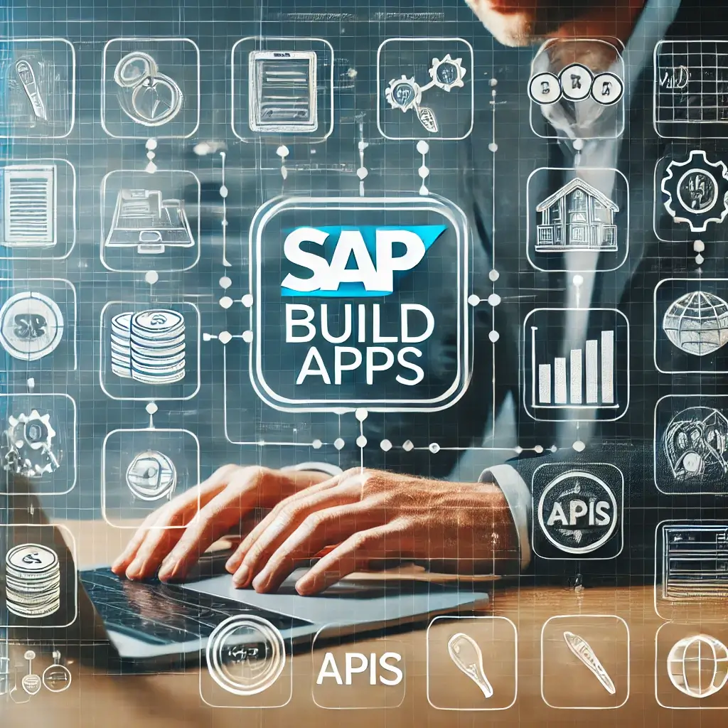 An illustration showcasing the benefits of SAP Build Apps in business environments. The image includes a professional using a laptop with SAP Build Ap 
