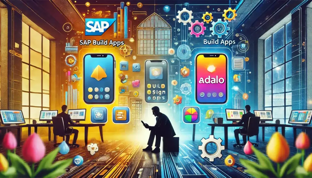  A vibrant digital artwork showing two contrasting mobile app design platforms_ on one side, a professional and scalable enterprise-style app interface 2 (1)