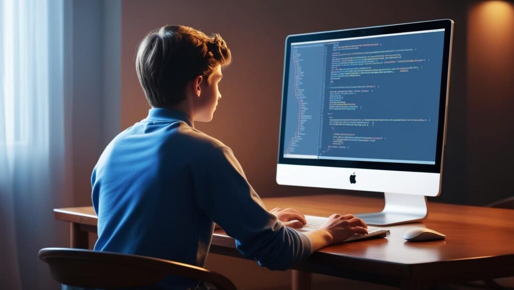 Una imagen realista de un joven programador de espaldas, sentado en una mesa con un pc, trabajando